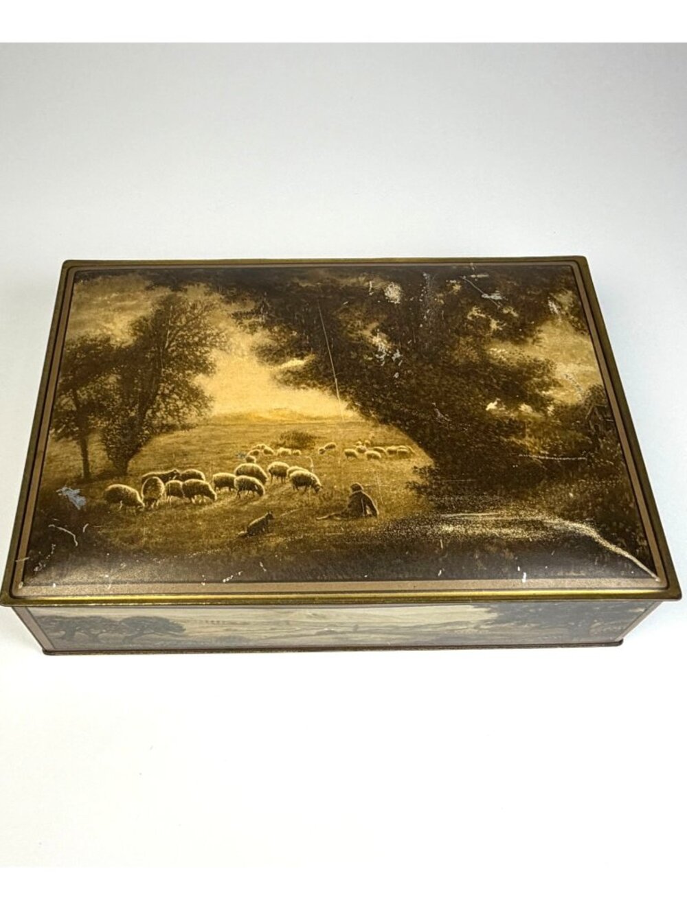 Vintage Uneeda Metal Biscuit Tin Storage Box NBC Hinged Lid Litho Sheep Scene